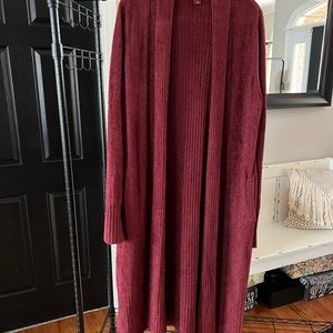 Barefoot Dreams Cozy Chic Lite Open Front Maxi Cardigan size L Burgundy